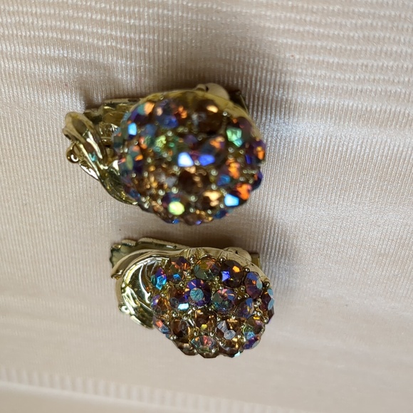 Vintage 60s Ab Crystal Earrings Peach Fruit Clip-on Mid Century - Picture 3 of 10